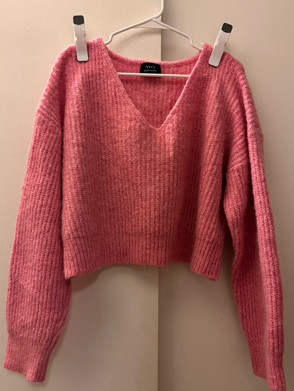 Vici Rose Pink V-Neck Cropped Sweater Fall Cute 20% Wool